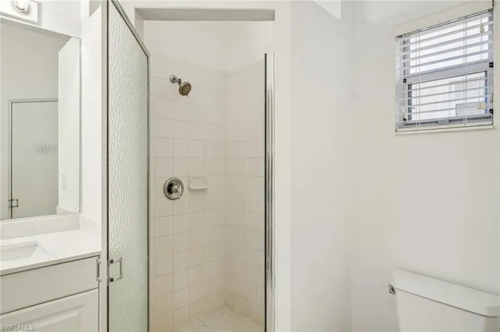 Full bathroom with toilet, vanity, and a shower stall