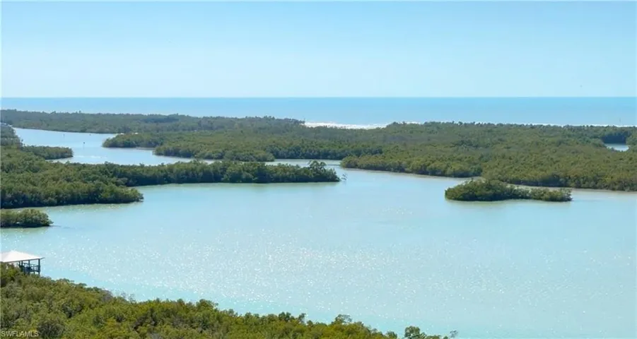 Water view with a heavily wooded area