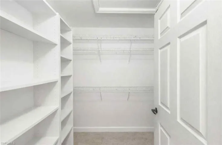 Walk in closet featuring light colored carpet