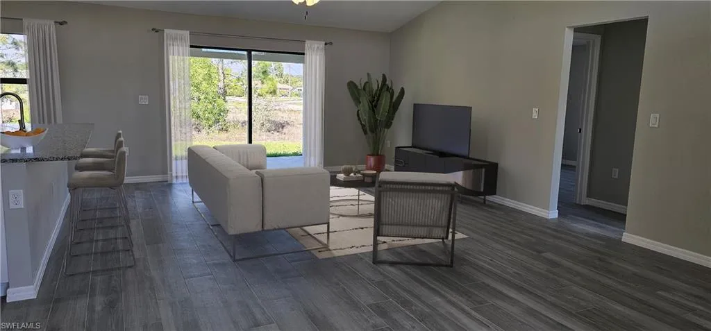 Living room featuring baseboards and dark wood-type flooring