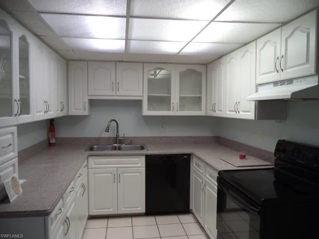 Kitchen with black appliances, under cabinet range hood, white cabinets, a drop ceiling, and glass insert cabinets