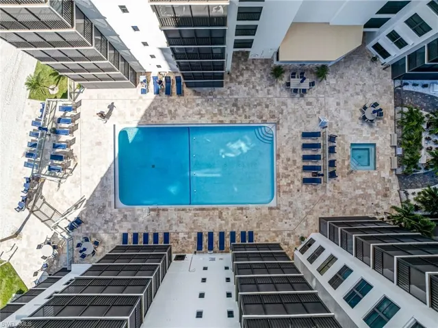 Aerial view of a pool & hot tub
