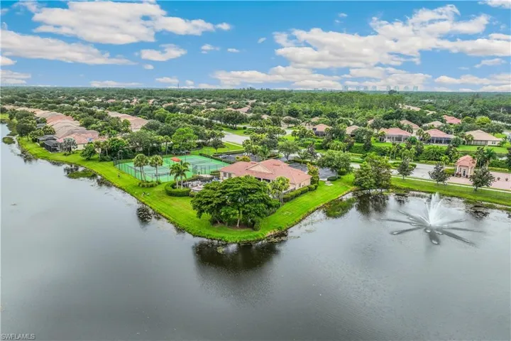 Birds eye view of property with a water view