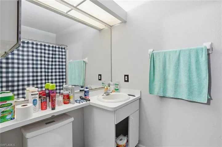 Bathroom featuring vanity and a shower with shower curtain