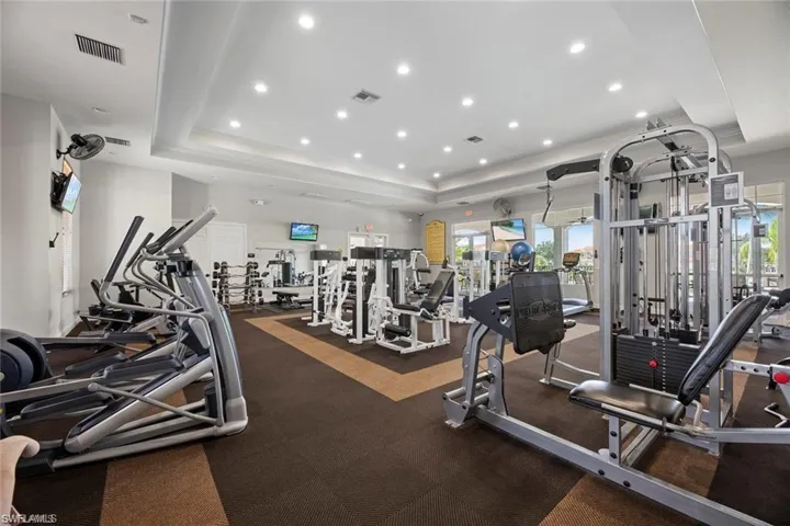 Exercise room featuring a wealth of natural light and a tray ceiling