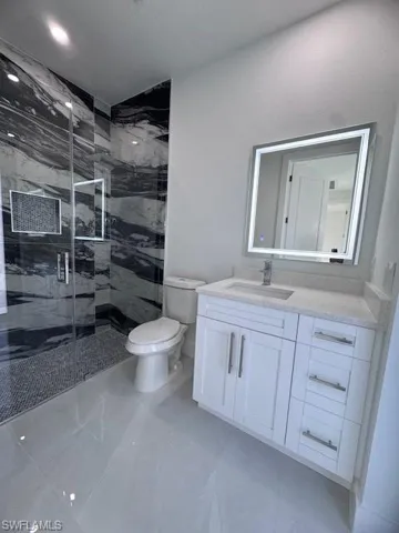 Bathroom featuring vanity, toilet, and walk in shower