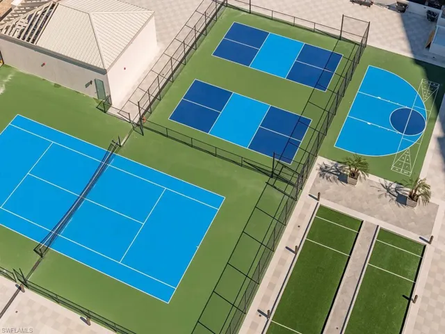 Partial glimpse from La Mer rooftop of sport courts facility on La Mer garage rooftop