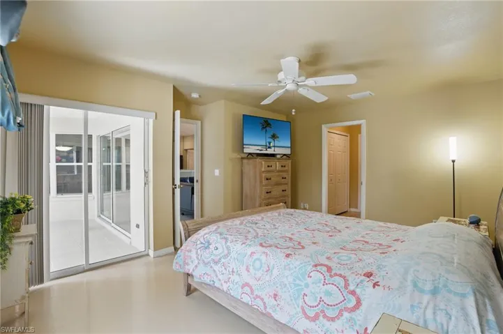 Bedroom with visible vents, a ceiling fan, and access to outside