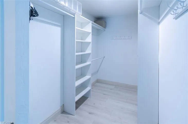 Walk in closet with light wood-style flooring