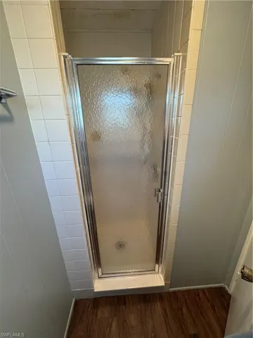 Bathroom with a shower stall and dark wood-style flooring