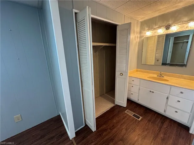 Bathroom featuring vanity, dark wood finished floors, and closet