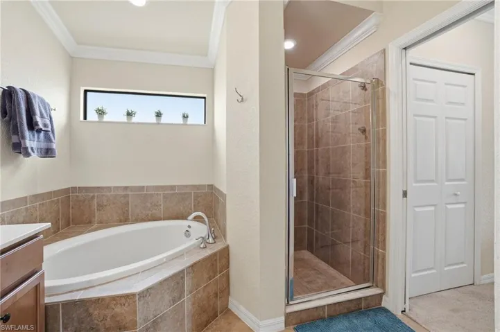 Full bathroom featuring vanity, a garden tub, ornamental molding, and a stall shower