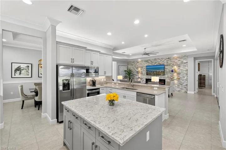 Kitchen featuring gray cabinets, a tray ceiling, stainless steel appliances, a peninsula, and crown molding