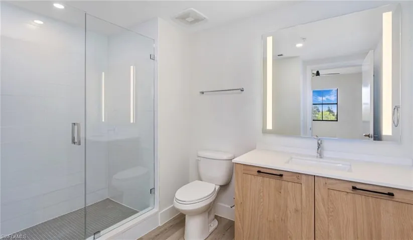 Bathroom featuring a shower stall, toilet, vanity, and wood finished floors