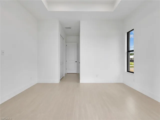 Unfurnished room with a tray ceiling