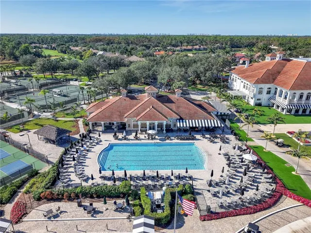 Aerial view of a pool and amenities