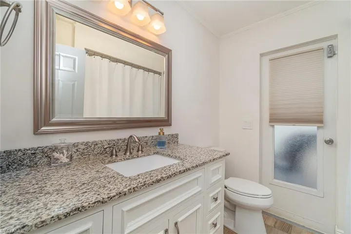 Main Bathroom with vanity, toilet, ornamental molding, and LVP wood-style finished floors and door to lanai functioning as a pool bath