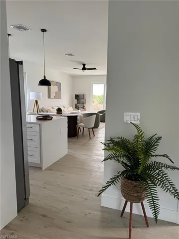 Light wood-finish flooring extending from the entryway into the living area