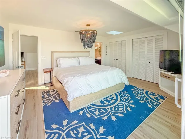 Bedroom featuring multiple closets, light wood-type flooring, and a skylight