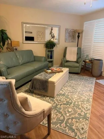 Open living area featuring wood-finish flooring and a decorative area rug