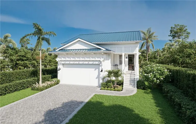 3D Rendering reverse floor plan front of house featuring a metal roof, an attached garage, board and batten siding, decorative driveway, and a front yard