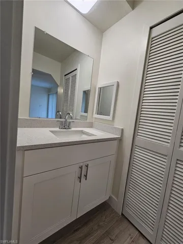 Master Bathroom with / wood-style flooring and vanity