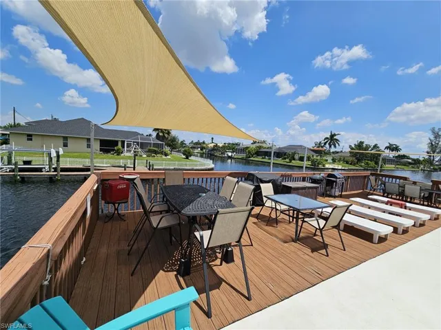 Wooden terrace featuring a dock and a water view