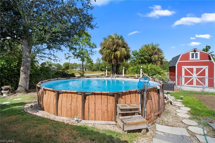 Outdoor pool featuring a patio area and a storage shed