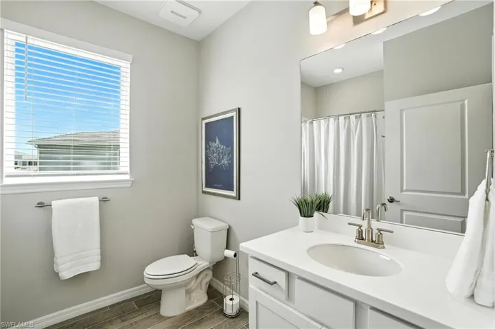 Full bath featuring vanity, wood tiled floors, and a shower with shower curtain