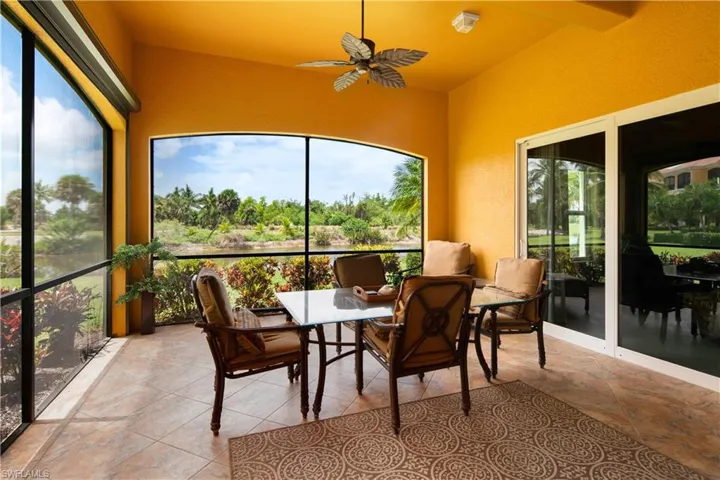 Sunroom with ceiling fan, a healthy amount of sunlight, and beam ceiling