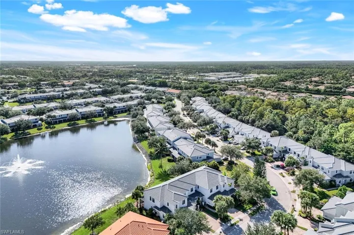 Aerial perspective of suburban area featuring a nearby body of water