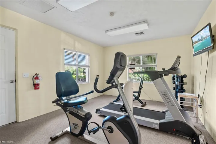 Workout room with healthy amount of natural light and light carpet