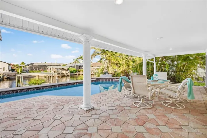 Looking to the Outdoor pool from the dining room side featuring a water view, a patio, outdoor dining space, and a residential view