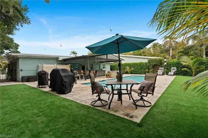 View of patio featuring a grill, a fenced in pool, and an outdoor living space