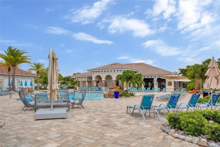 View of swimming pool featuring pool water feature and a patio area