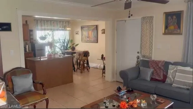 Living area featuring light tile patterned floors and a ceiling fan