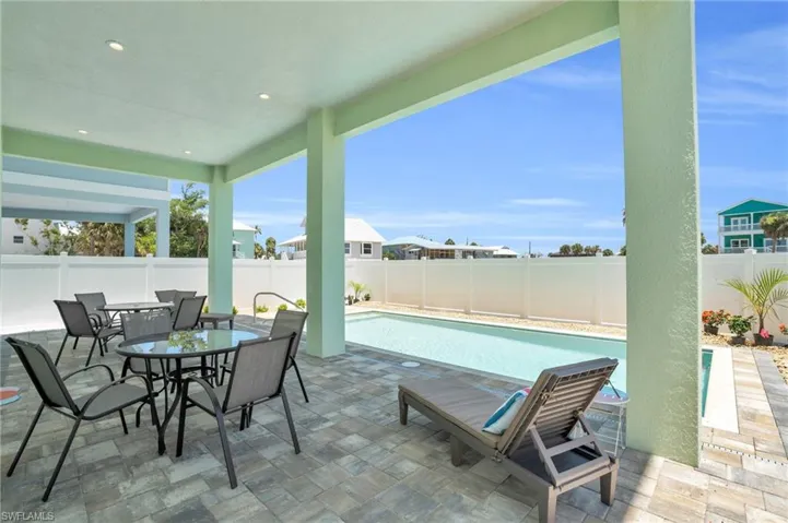 View of patio with a fenced in pool