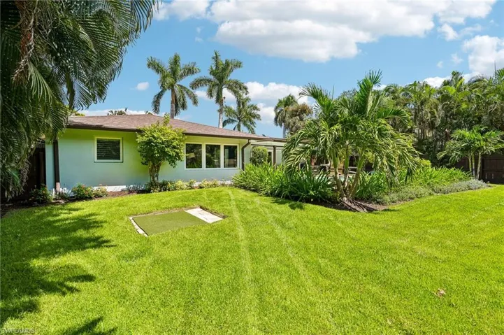 Expansive backyard featuring a manicured lawn, established tropical foliage, and mature palm trees