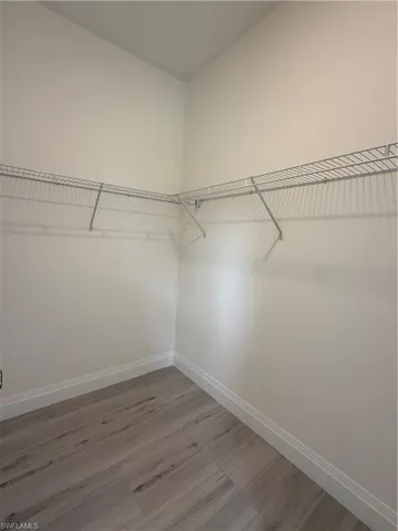 Walk in closet with light wood finished floors