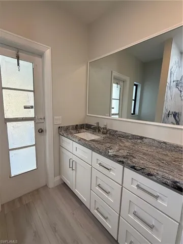Bathroom featuring vanity, light wood-type flooring, and healthy amount of natural light