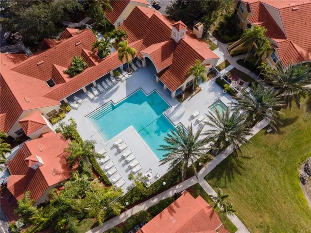 Bird's eye view of the clubhouse and community pool area