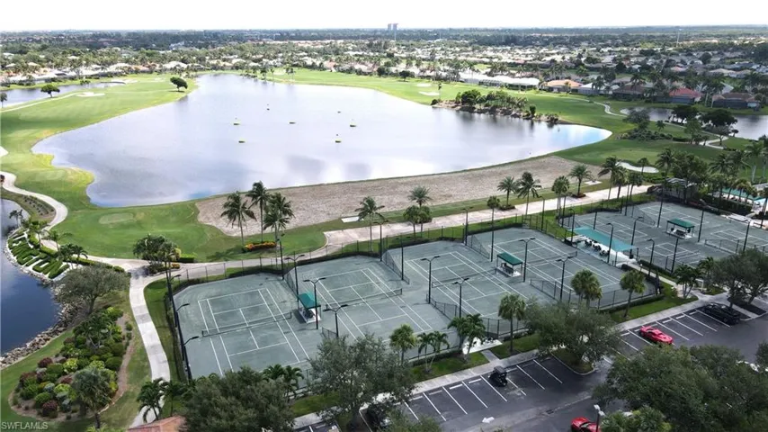 Aerial view of driving range and tennis courts