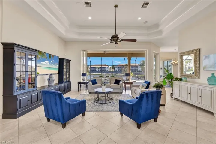 Large Open Concept Living Room Coffered Ceilings