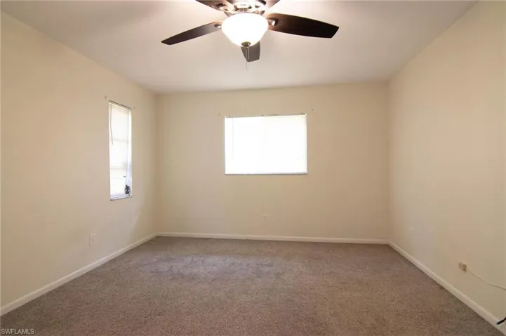 Empty room with a wealth of natural light, a ceiling fan, carpet flooring, and baseboards
