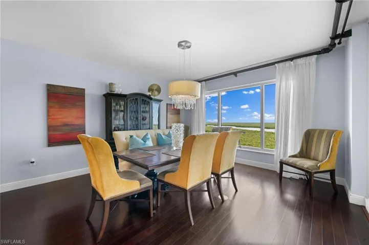 Dining area featuring a chandelier and dark hardwood / wood-style flooring