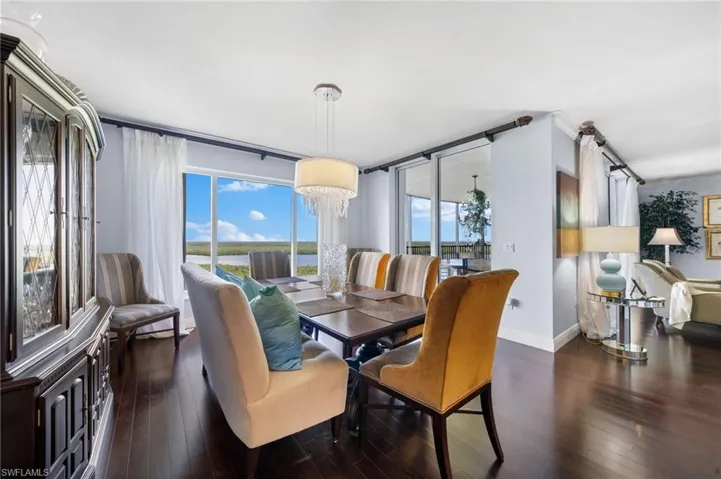 Dining room featuring a healthy amount of sunlight, a notable chandelier, and dark hardwood / wood-style flooring