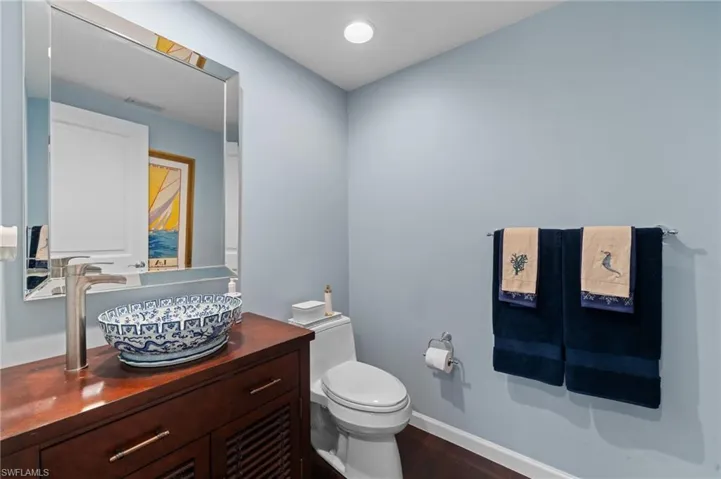 Bathroom with vanity, toilet, and wood-type flooring