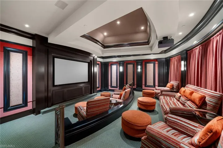 Carpeted cinema featuring crown molding and a raised ceiling