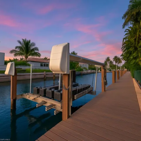 Dock area with a water view and boat lift