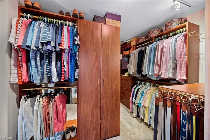 Walk in closet featuring light carpet